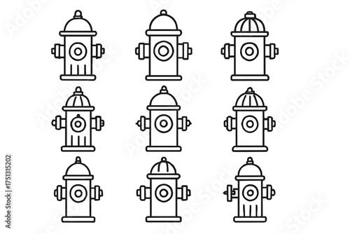 Set of nine fire hydrant line icons in two distinct styles