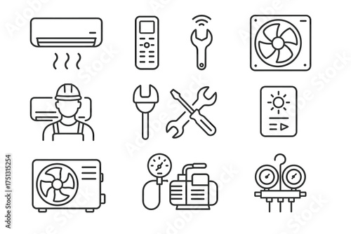 Hvac system and maintenance tools line icons set