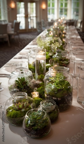 Elegant Wedding Reception Table Decorated With Terrariums and Candles in Soft...