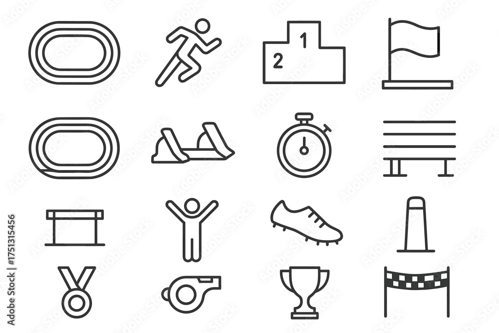 Fototapeta premium Outline icons of athletics equipment and symbols for sports events