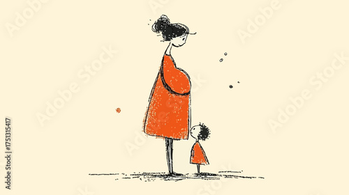 A tender minimalist line-art sketch of a pregnant mother looking down at her small child. Rough pencil texture with orange dresses on a soft cream background