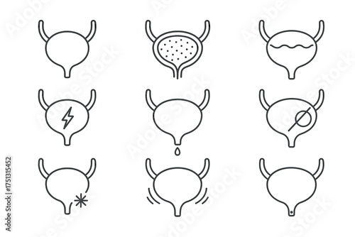 Bladder health icons set: symptoms, conditions, and treatment illustration