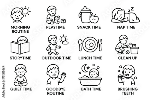 Daily routine for children: playtime, snack, nap, reading, and bath activities