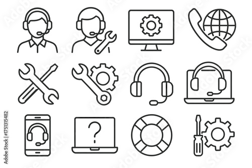 Technical support icons: headset, tools, computer, phone, laptop