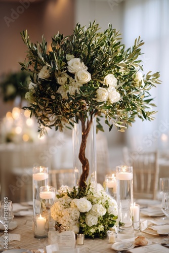 Elegant Floral Arrangement With White Roses and Olive Branches at Wedding Rec...