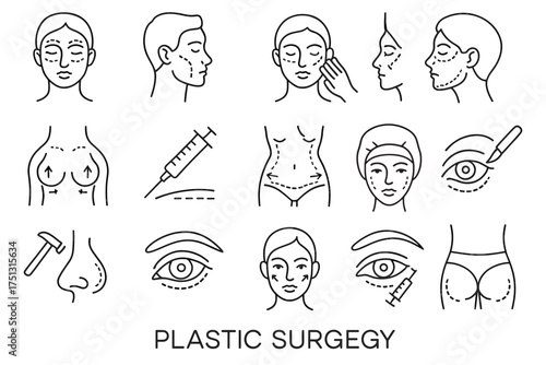 Outline illustrations of plastic surgery procedures and tools
