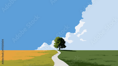 Stylized vector illustration of a clear landscape featuring a single tree at the end of a winding path