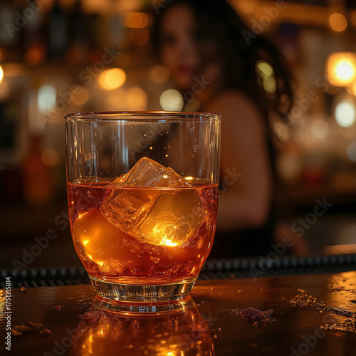 Classic cocktail with glowing ice in a warm bar setting.
A glass of amber-colored cocktail with two large, luminous ice cubes sits on a polished bar counter.