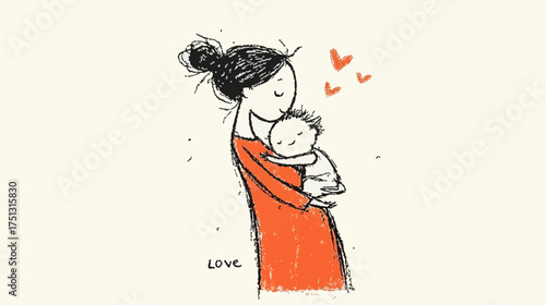 A tender minimalist line-art illustration of a mother hugging her sleeping baby, with rough pencil texture, an orange dress, and small hearts on a light background