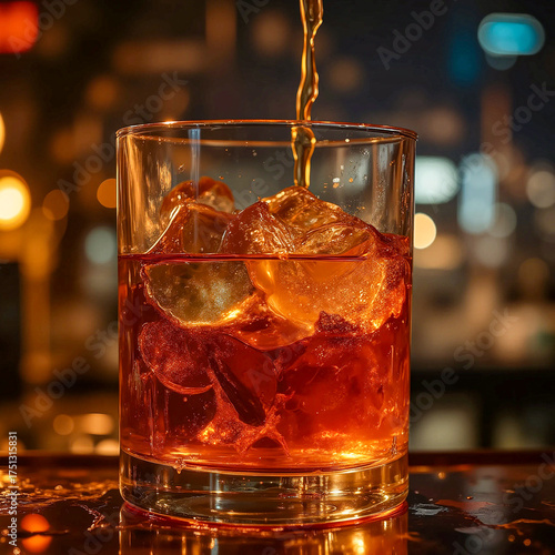Whiskey pouring into a glass with Ice at a bar.
Amber-colored whiskey is being poured into a glass with ice cubes, creating a vibrant contrast. 