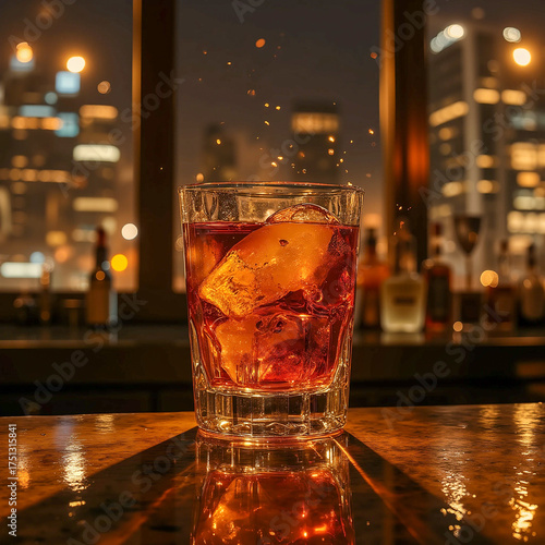 Evening whiskey against the backdrop of the cityscape.
A glass of whiskey with large ice cubes sits on a reflective surface. 