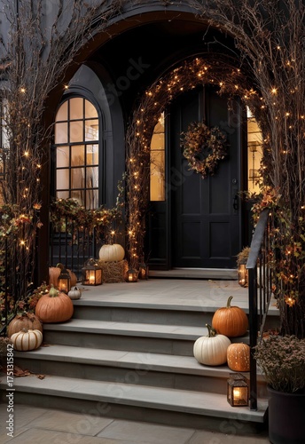 Charming Autumn Entrance With Pumpkins and Warm Lights in the Evening