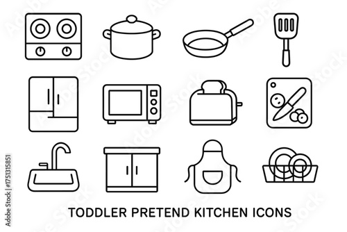 Toddler pretend kitchen icons: stove, pot, pan, toaster, sink, utensils