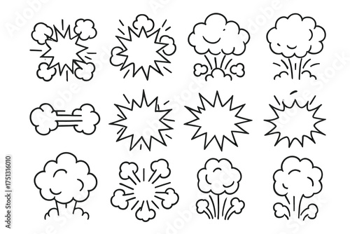 Set of cloud and explosion doodle icons in black outline style