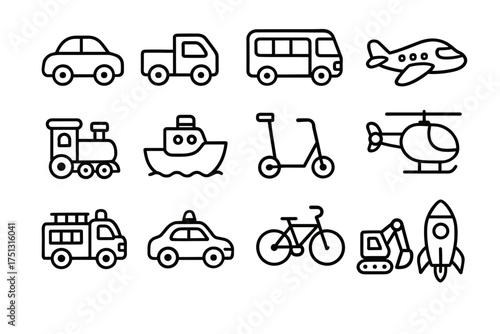 Outline icons of various transportation vehicles including car, truck, bus, plane, and more