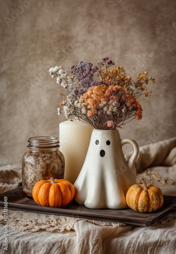 Charming Autumn Decor With a Ghost Figure, Mini Pumpkins, and Dried Flowers o...