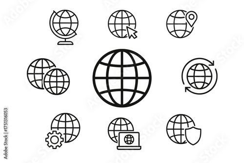Global icons featuring earth, globe, and geolocation symbols