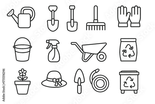 Set of gardening tools and accessories: watering can, shovel, rake, gloves, and more