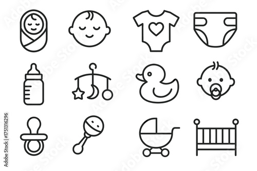 Baby essentials icons set: pacifier, bottle, stroller, and more