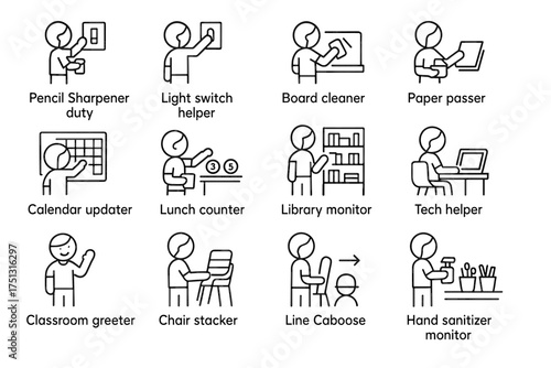 Classroom helper icons: diverse student roles and responsibilities