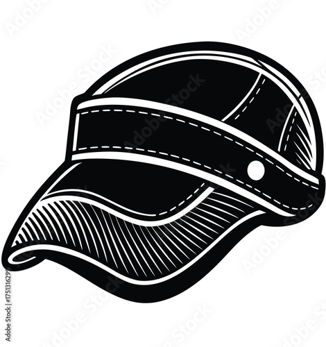 Stylized illustration of a sports cap or visor, featuring bold lines and shading for a classic, retro aesthetic, perfect for graphic design and apparel branding
