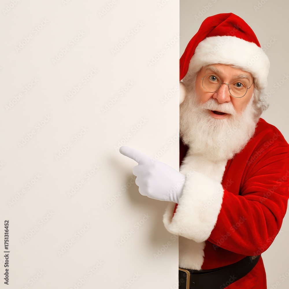 Naklejka premium A Cheerful Santa Claus Peeks from Behind a Wall, Bringing Holiday Spirit and Joy to Everyone with His Playful Gesture and Classic Attire, Perfect for Christmas Celebrations