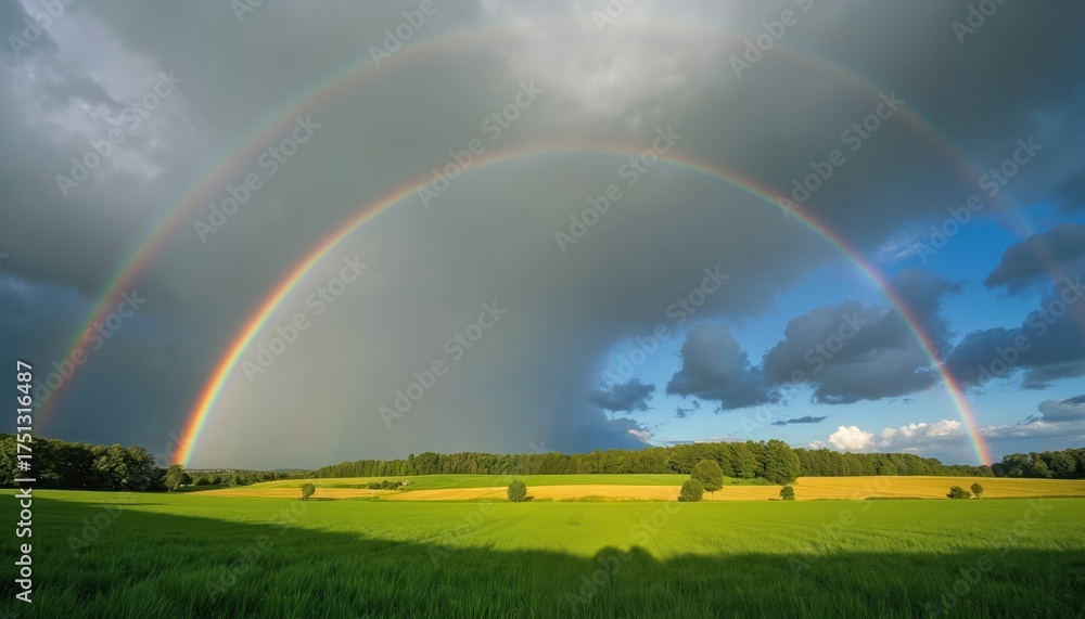 Naklejka premium Double rainbow arches across stormy sky over green fields, yellow crop fields. Dramatic weather illuminates rural landscape after rainfall. Sunlight breaks through dark clouds onto countryside nature