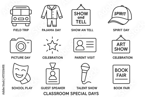 Classroom special days icons: field trip, pajama day, show and tell, spirit day, art show