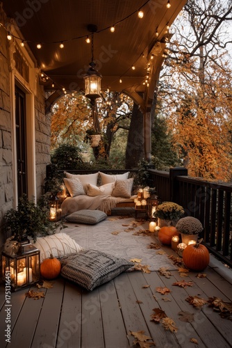 Cozy Outdoor Porch Decorated for Autumn Evenings With Lights and Pumpkins