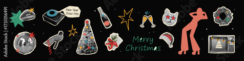 Disco Christmas halftone collage cut out set. Retro party stickers with champagne, disco ball and dancing people. Modern retro grunge mixed media vector illustration