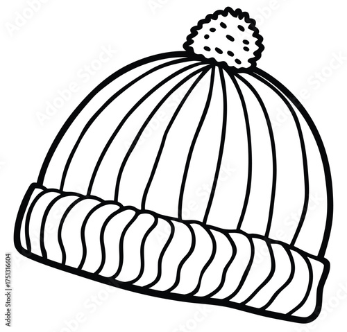 A simple black and white illustration of a knitted beanie hat with a pom-pom on top and ribbed detailing around the brim, perfect for winter wear or outdoor activities