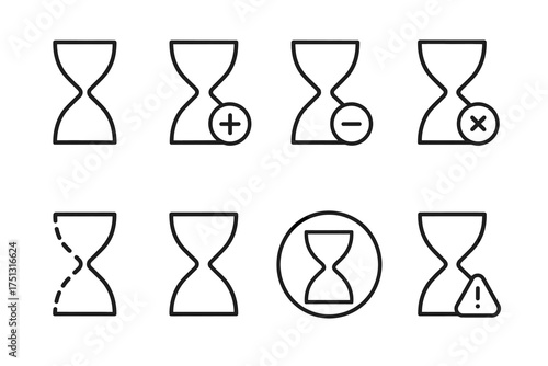 Minimalist hourglass icons set: addition, subtraction, alert, dotted line, circular design