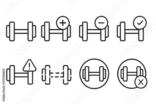 Set of dumbbell icons with symbols indicating various actions and warnings