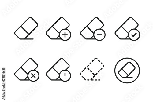 Set of eraser icons with various actions including add, remove, and alert symbols