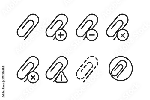 Paperclip icon set with add, remove, alert, and disappear variations