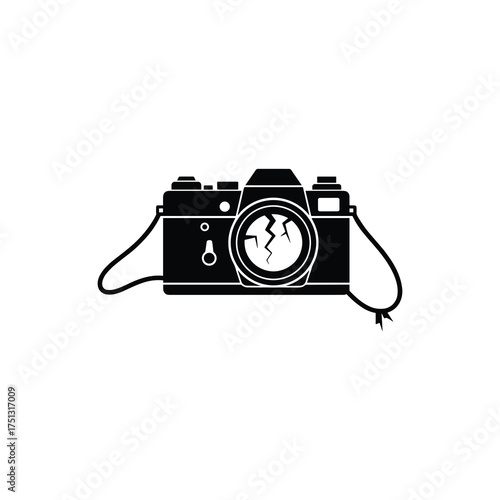 Broken Camera with Cracked Lens and Strap – Damage Concept Vector