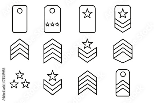 Military rank insignia icons: chevrons, stars, and tags symbol collection