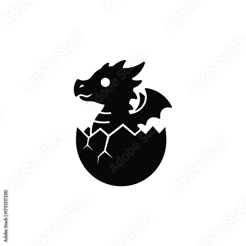 Cute Baby Dragon Hatching from Egg – Minimal Silhouette Vector Icon
