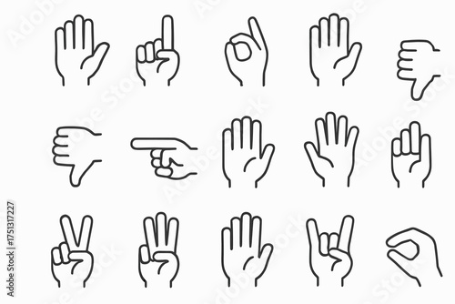 Line art hand gesture icons: thumbs up, peace, pointing, okay signs