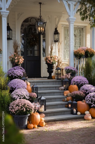 Vibrant Autumn Decor With Pumpkins and Flowers at a Cozy Home Entrance