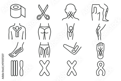 Set of kinesiology taping icons for various body parts and applications