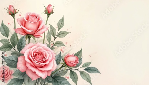 Delicate watercolor roses bloom with green leaves. Soft pink floral art illustration for cards, invites, wedding decor, and gift tags. Elegant, artistic, romantic.