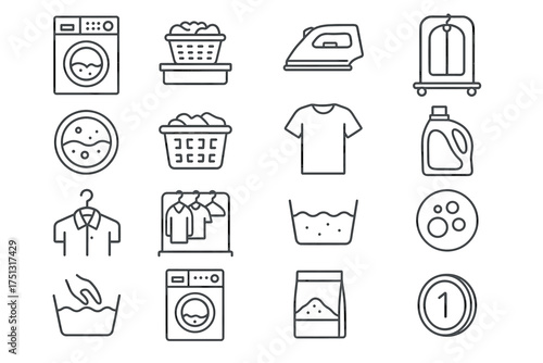 Laundry icons set: washing machine, basket, iron, detergent, clothing symbols