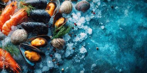 Fresh seafood display with shrimp, mussels, and clams on ice at a coastal market during the morning hours