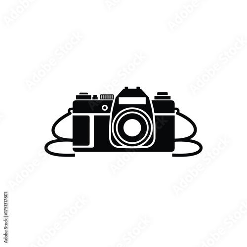 Retro SLR Film Camera with Strap – Wide Layout Silhouette Vector