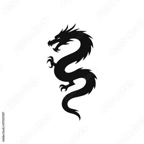 Asian Dragon Silhouette – Curled Chinese Myth Creature Vector