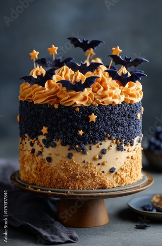Festive Halloween Cake Decorated With Bats and Stars for a Spooky Celebration