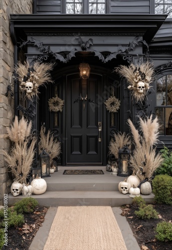 Halloween Decorations Adorn a Black Door at a Charming Residence in Autumn