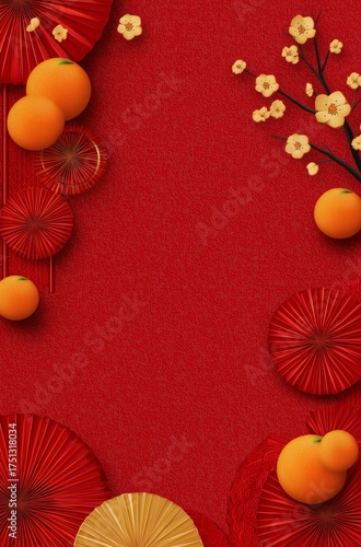 Festive Red Background Decorated With Oranges and Flowers Symbolizing Good Fo...