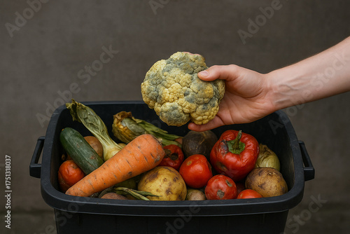 Lutte contre le gaspillage alimentaire avec des légumes abîmés dans une poubelle